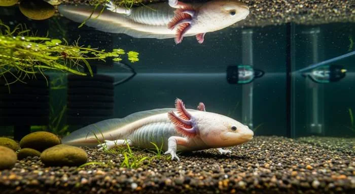 Älterer Axolotl ruht auf Kiesgrund in klarem Aquarienwasser mit stabilen Wasserwerten
