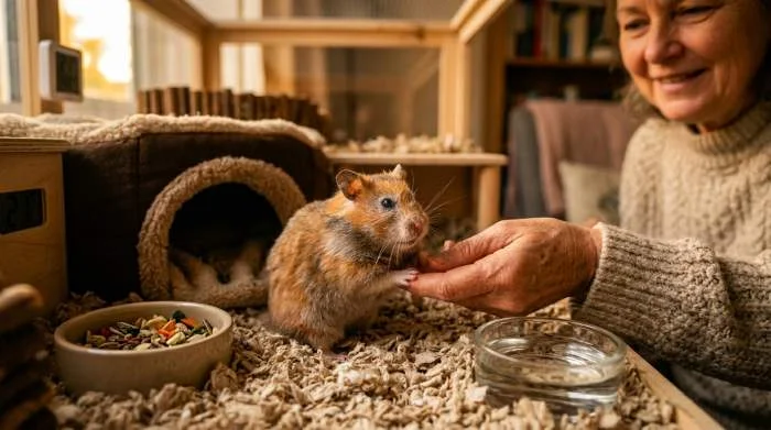 Älterer Goldhamster zittert zusammengerollt im Schlaf, mögliche Anzeichen von Kälte oder Stress