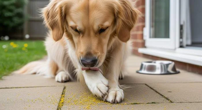 Hund leckt nach Spaziergang an der Pfote, mögliche Ursachen: Allergien, Gräser oder Futtermittelunverträglichkeit