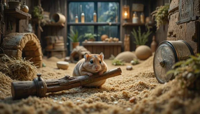 Hamster beißt aus Frustration und Langeweile an den Gitterstäben seines Käfigs, typisches Anzeichen für eine Stereotypie