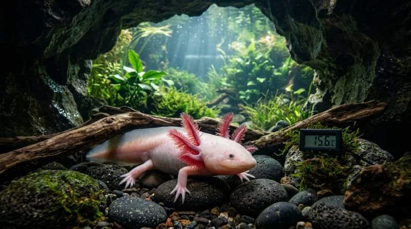 Axolotl in kaltem Wasser mit schwachen Kiemen