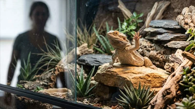 Bartagame winkt im Terrarium mit Vorderbein