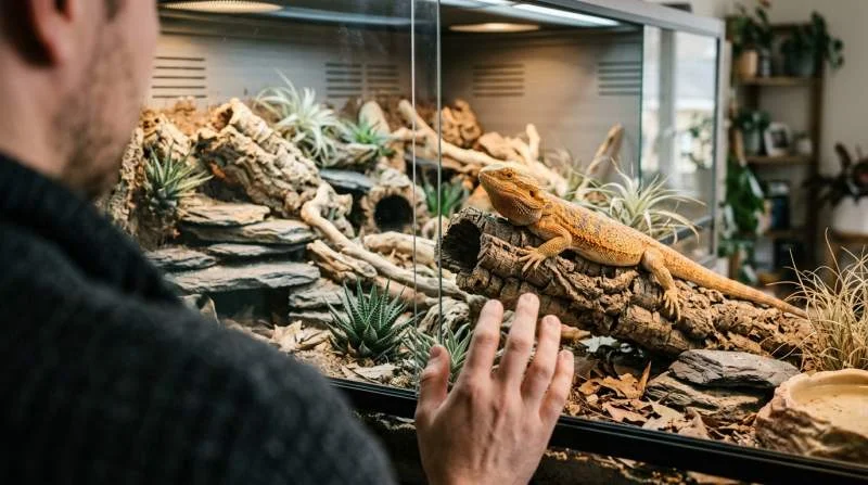 Bartagame beobachtet ruhig ihren Halter im Terrarium