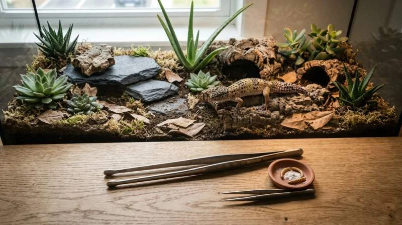 Edelstahl-Futterpinzette mit abgerundeten Spitzen für kontrollierte, sichere Fütterung von Reptilien wie Bartagamen oder Kornnattern.