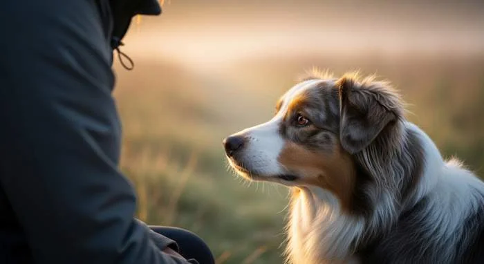 Hund dreht beim Kotabsetzen den Kopf zu seinem Besitzer um, sucht Augenkontakt als Schutzsignal aus der Ko-Evolution.