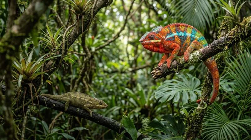 Zwei Pantherchamäleons zeigen unterschiedliche Farben
