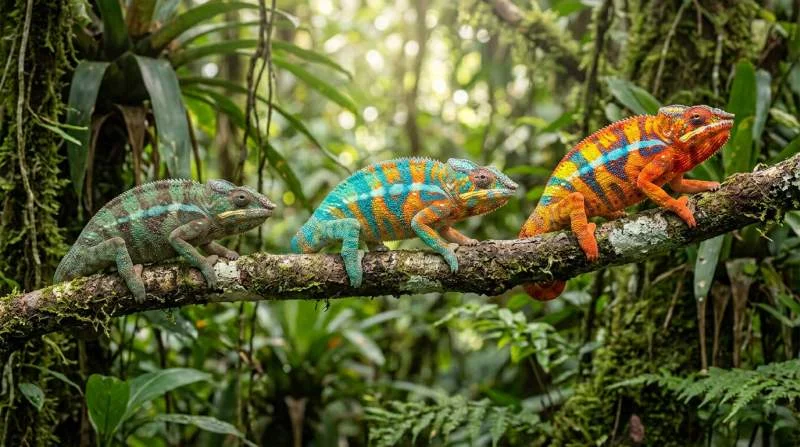 Pantherchamäleon verändert sichtbar seine Hautfarbe