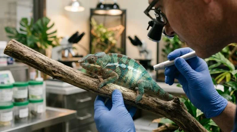 Pantherchamäleon bei tierärztlicher Untersuchung