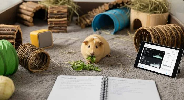Langsame Gewöhnung eines Meerschweinchens an leise Geräusche durch Desensibilisierungstraining in vertrauter Umgebung