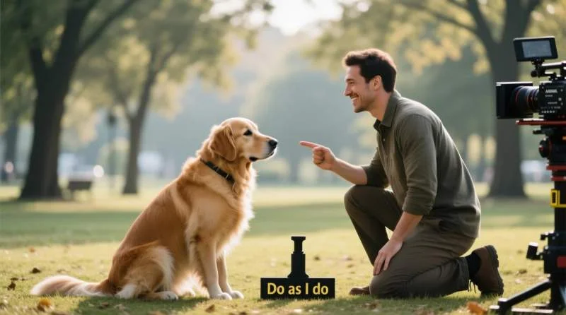 Golden Retriever lernt beim Imitationstraining geduldig, die Handlung seines Menschen nachzuahmen