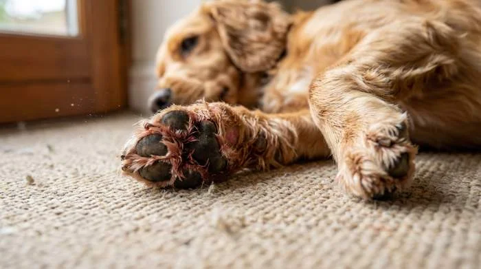 Hund leckt konzentriert seine Pfote, mögliches Symptom für Allergie oder kleine Wunde