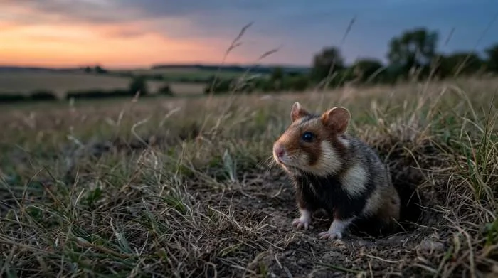 Feldhamster verlässt seinen unterirdischen Bau in der Abenddämmerung zur Futtersuche