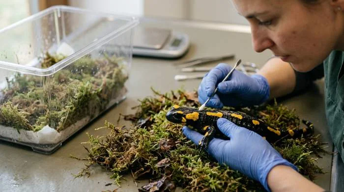 Feuersalamander während einer Gesundheitskontrolle