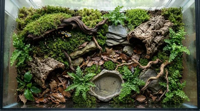 Feuersalamander mit leuchtend gelb schwarzer Warnzeichnung auf feuchtem Moos im naturnah gestalteten Terrarium bei 10 20°C