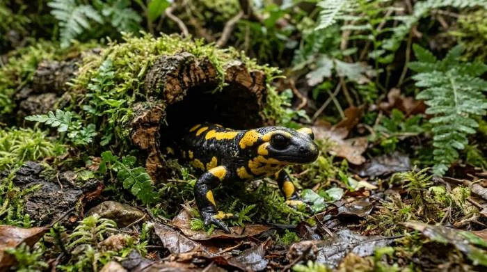 Feuersalamander verlässt sein Versteck im Terrarium