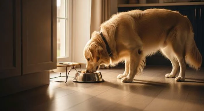 Hund dreht sich mehrmals im Kreis um seinen Futternapf, ein uralter Instinkt seiner wilden Vorfahren.