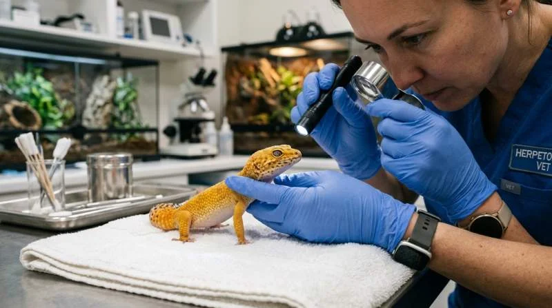 Leopardgecko bei tierärztlicher Augenkontrolle