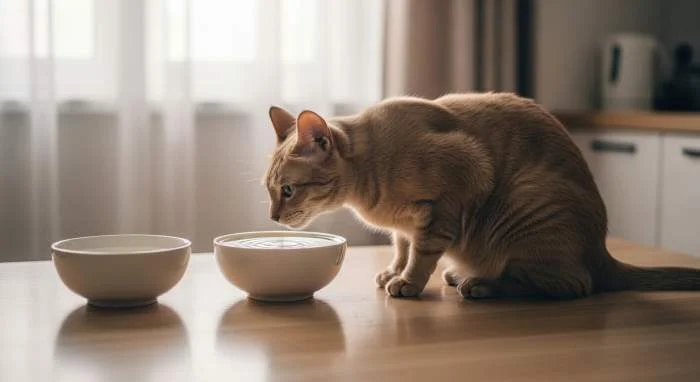 Katzen trinken oft nicht direkt neben ihrem Futter - separater Wassernapf för