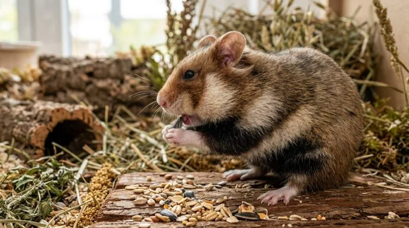 Hamster füllt seine Backentaschen mit Körnern