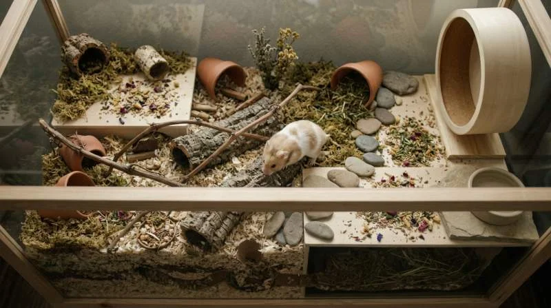 Goldhamster erkundet artgerechtes Großgehege mit tiefer Einstreu, Wurzeln und mehreren Versteckmöglichkeiten