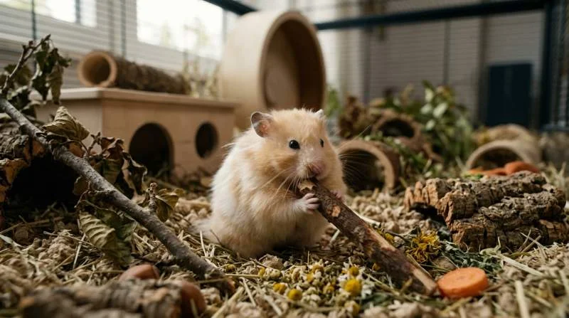 Goldhamster knabbert an natürlichem Holzstück statt am Käfiggitter
