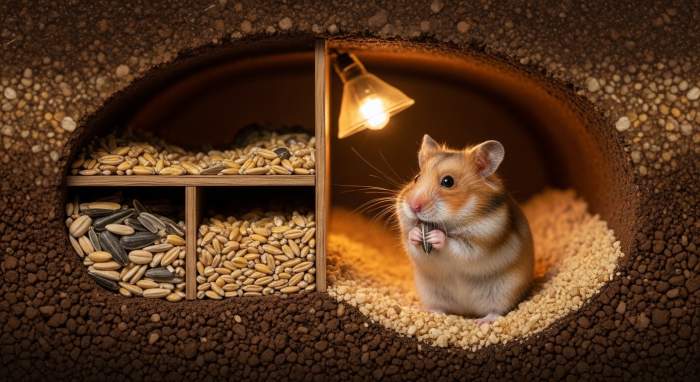 Hamster mit prall gefüllten Backentaschen beim Sammeln von Futtervorräten