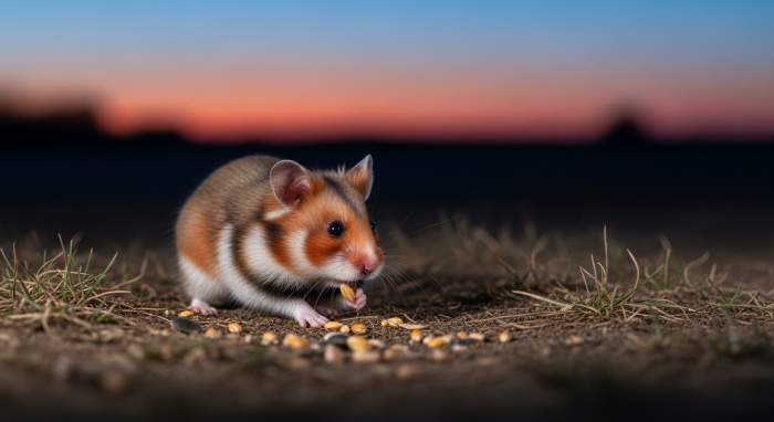 Hamster mit prall gefüllten Backentaschen beim Sammeln von Futter in der Dämmerung
