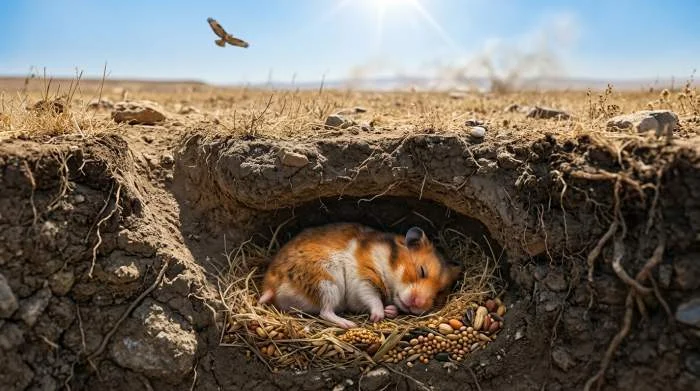 Wildhamster schläft tagsüber in seinem bis zu zwei Meter tiefen unterirdischen Bau bei konstant 15 Grad Celsius
