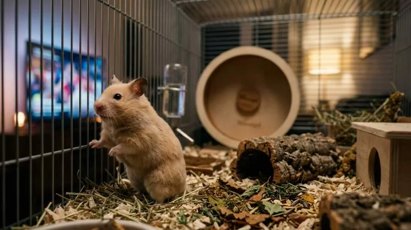 Goldhamster nagt nachts an den Gitterstäben seines Käfigs als Zeichen von Stress und Platzmangel