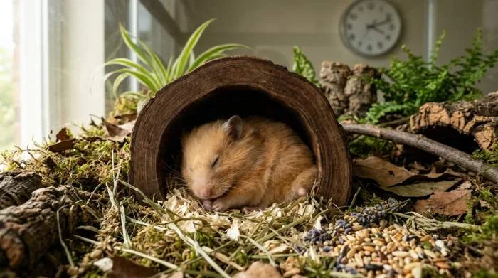 Schlafender Goldhamster zusammengerollt in weichem Heu unter Holzversteck