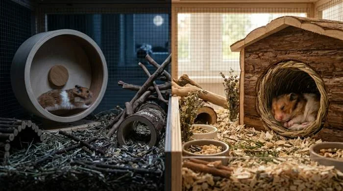 Zuckender Goldhamster in tiefer Traumphase am Tag nach aktiver Nacht im Laufrad.