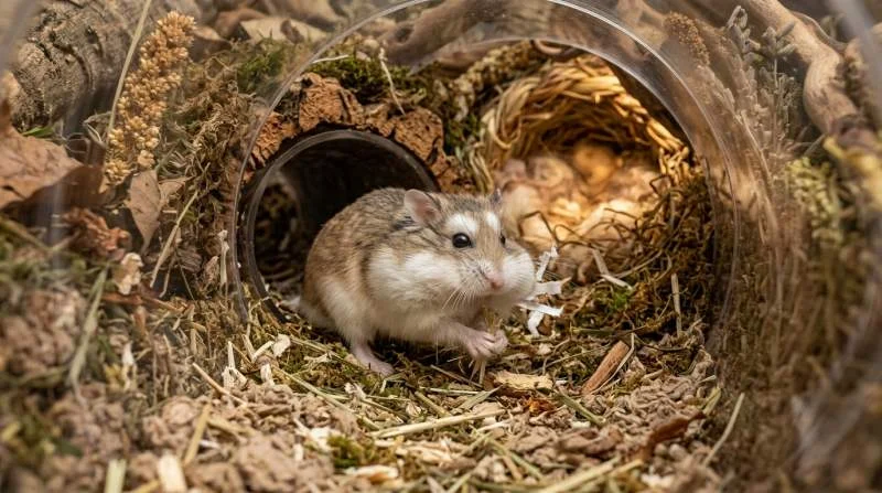 Roborowski Hamster trägt Nistmaterial in Backentaschen
