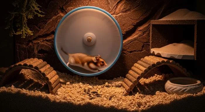 Goldhamster rennt nachts kilometerweit im Laufrad, unterbrochen von Pausen für Futter- und Nestbau