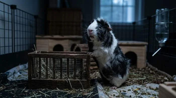 Meerschweinchen protestiert nachts laut neben leerer Heuraufe gegen fehlendes Heu