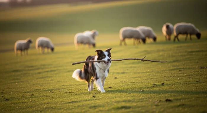 Border Collie trägt einen Stock wie ein Arbeitswerkzeug und zeigt dabei seine tief verwurzelten Hüte- und Arbeitsinstinkte.