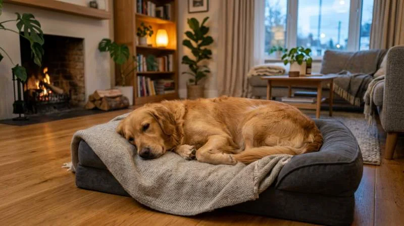 Golden Retriever kratzt mit Vorderpfoten auf weichem Hundebett vor dem Hinlegen