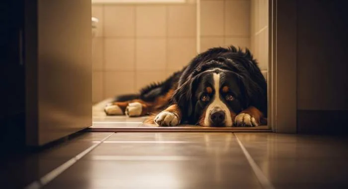 Hund begleitet Herrchen zur Toilette, Rudelverhalten zeigt Nähebedürfnis aus Schutzinstinkt