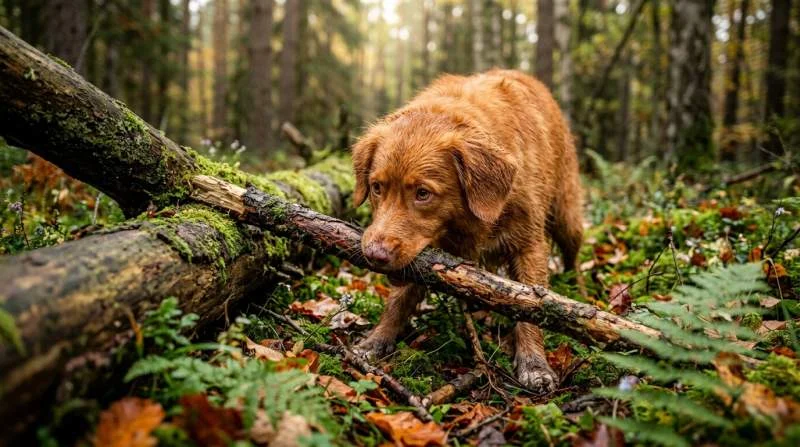 Hund untersucht einen Ast im Wald