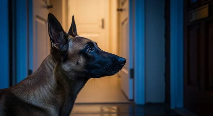 Ein Labrador neigt den Kopf, während er aufmerksam einem Geräusch lauscht.