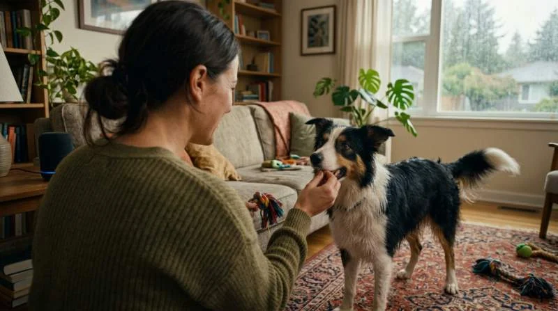 Border Collie liegt entspannt auf einer Decke, während Gewittergeräusche aus einem Lautsprecher zur Desensibilisierung abgespielt werden