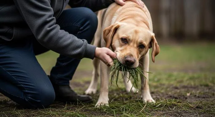 Ein brauner Labrador frisst Gras im Garten, hält kurz inne und schaut aufmerksam zur Seite