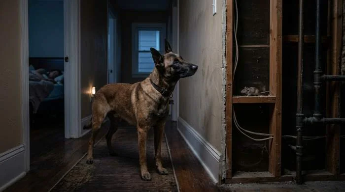 Hund lauscht aufmerksam an einer Wand
