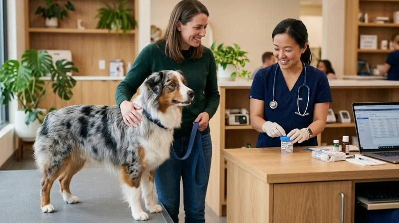 Australian Shepherd bei regelmäßiger tierärztlicher Kotuntersuchung zur Abklärung von Koprophagie
