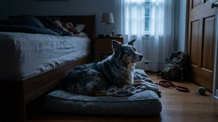 Ein gestresster Hund wacht nachts auf, hebt den Kopf und lauscht angespannt ins Leere.
