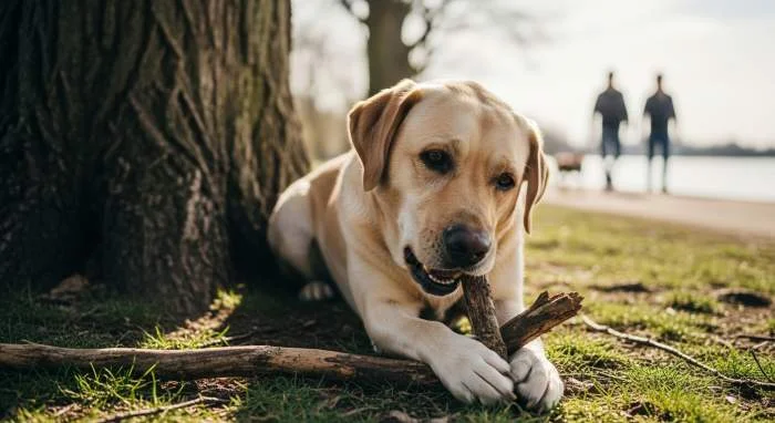Hund trägt einen Stock im Maul beim Spaziergang, kaut darauf zur Beruhigung und zum Stressabbau.