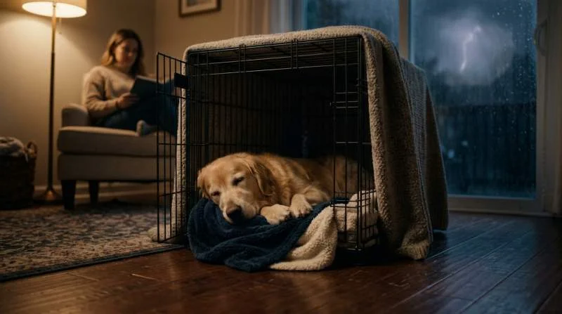 Golden Retriever ruht entspannt in seiner Hundebox als Schutz vor Gewitterangst und lauten Geräuschen