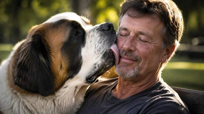 Hund leckt einer Person liebevoll im Gesicht als Zeichen von Zuneigung und Bindung.