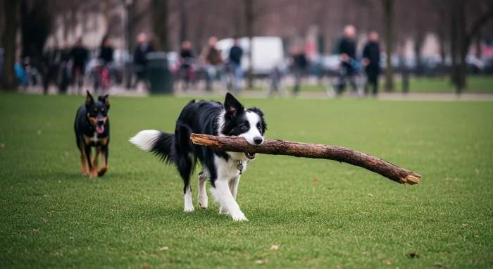 Hund mit einem schweren Stock im Maul auf einem Waldweg, konzentriert beim Gehen.