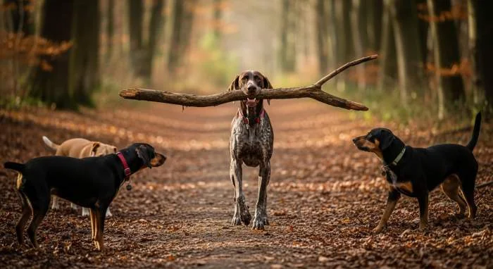 Hund trägt stolz einen großen Stock im Maul beim Spaziergang, zeigt natürliches Besitzverhalten und Entdeckerinstinkt.