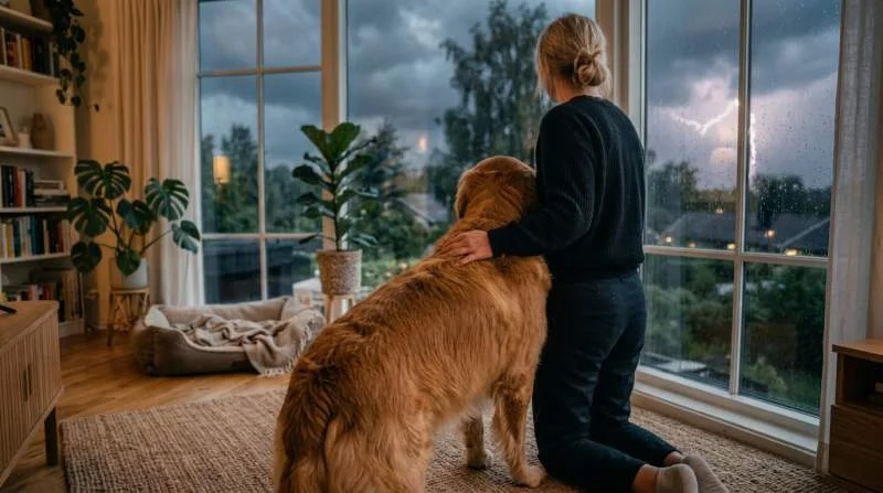 Golden Retriever lehnt sich an seinen Besitzer, um Nähe und Sicherheit zu suchen